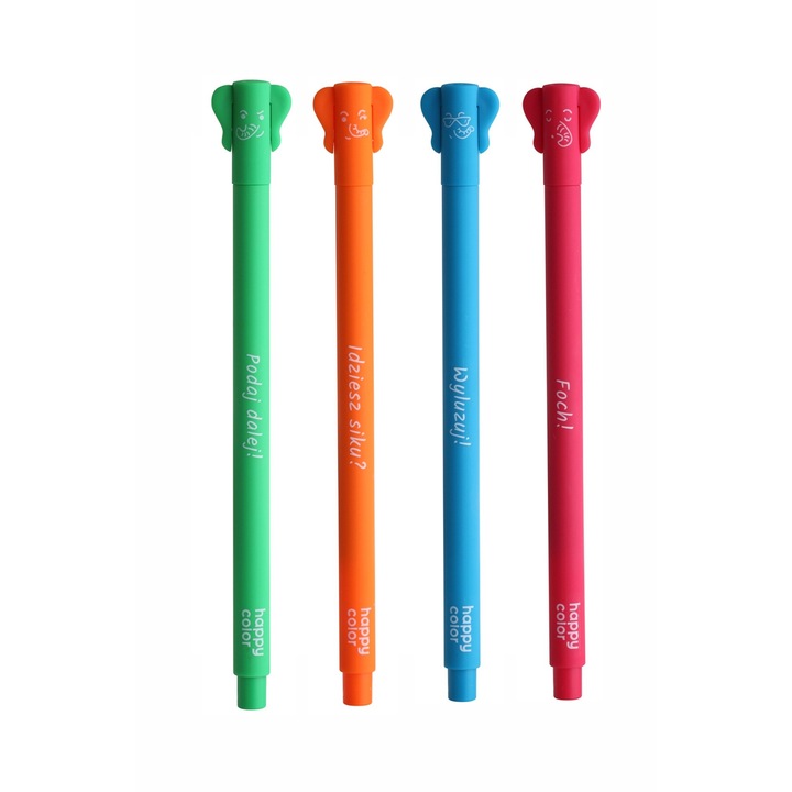 Комплект от 4 гел химикалки, щастлив цвят, синьо мастило, 0,5 мм, шарка на слон, многоцветен