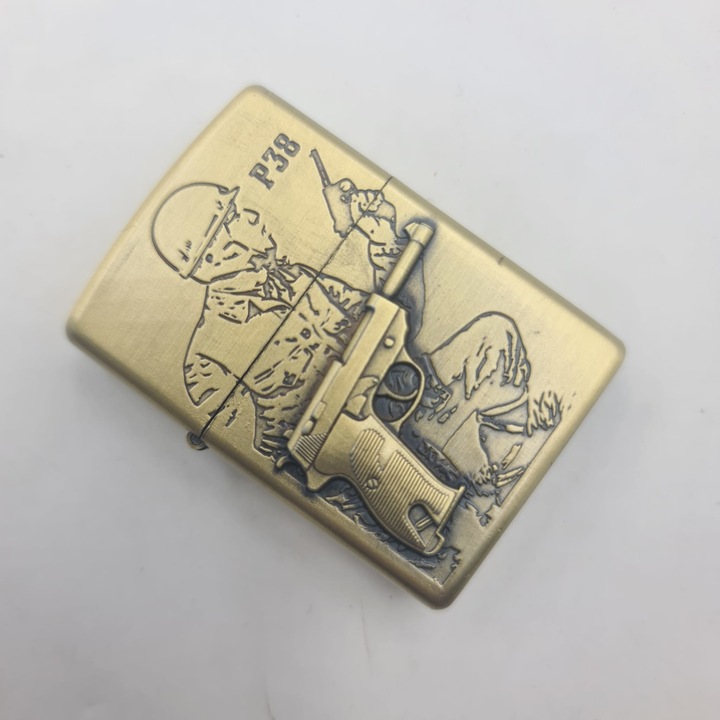 Bricheta cu benzina, model razboiul II, 3D relief, reincarcabila, metalica, Auriu, 7 cm, Dalimag