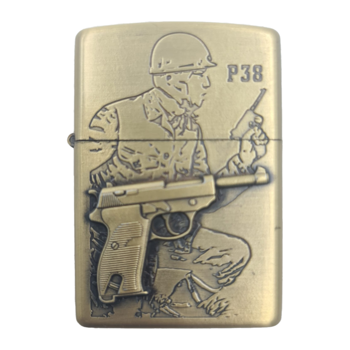 Запалка с капачка, модел пистолет P38, бензин, за многократно пълнене, 3 D релеф, разглобяема, 6 см, златист, Dalimag
