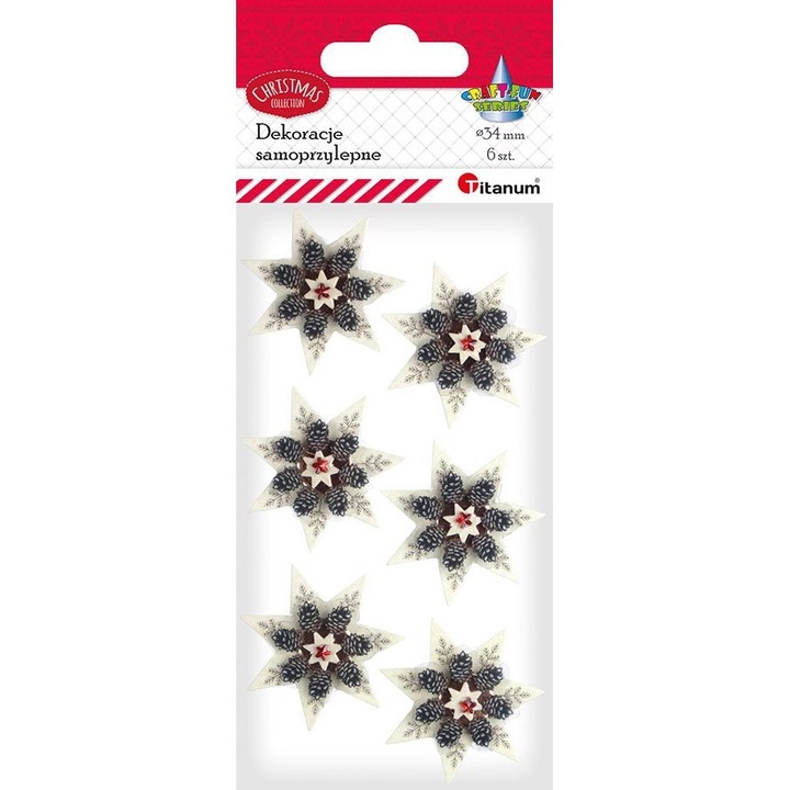 Set 6 stickere 3D, Titanum, Model stelute Craciun, Hartie, 34 mm, Multicolor