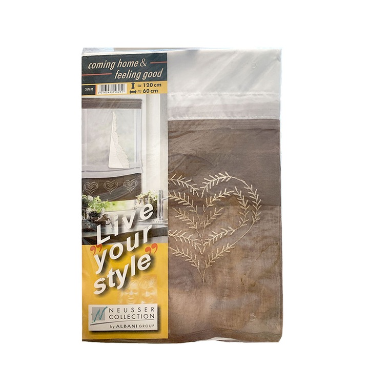 Perdea de bucatari, JUP, Alb/Maro, Lungime 120 cm, Latime 60 cm