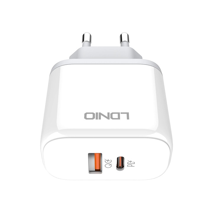 Incarcator USB-C si USB, 45W compatibil cu Samsung, Xiaomi, Google, Laptop, Tableta, Cablu Type-C la tip Lightning Apple, 1m, alb