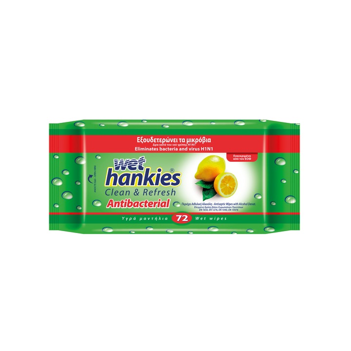 Мокри кърпички Wet Hankies, Антисептични, Лимон, 72 бр