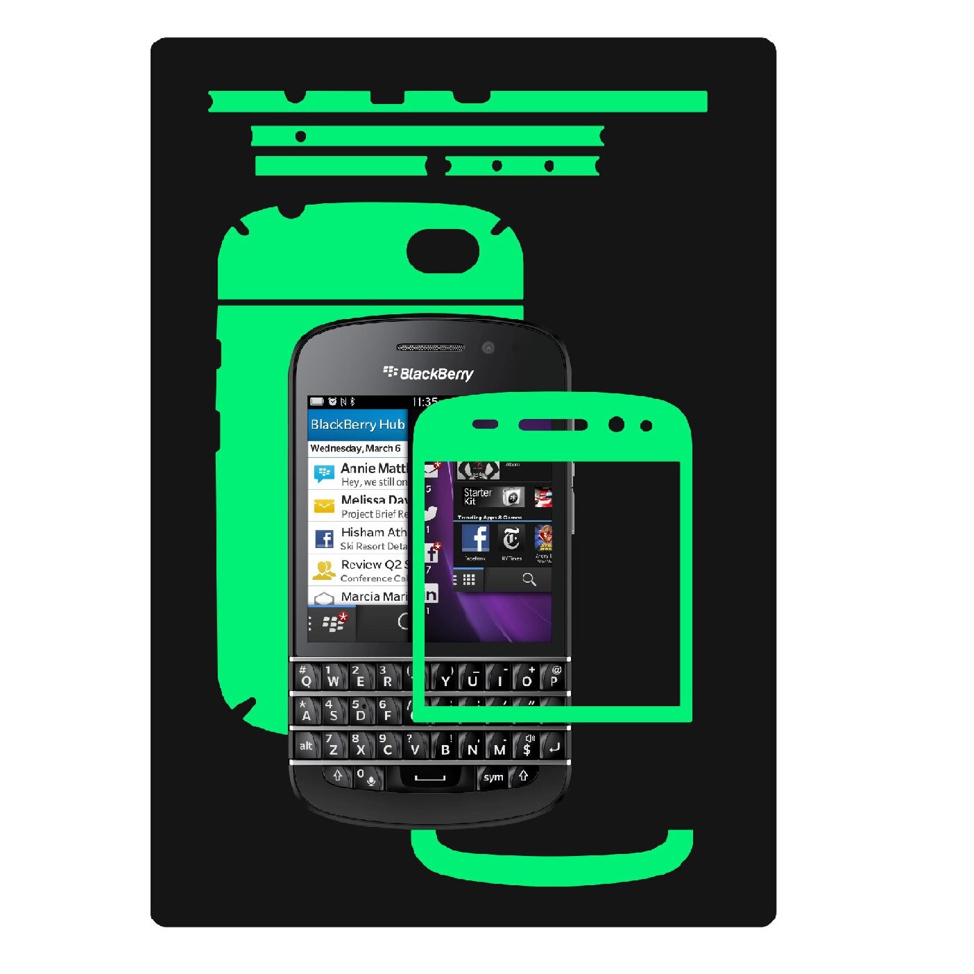 Folie de protectie Fosforescenta Glow Skinz, Husa de tip Skin Adeziv pentru Carcasa, dedicata Blackberry Q10