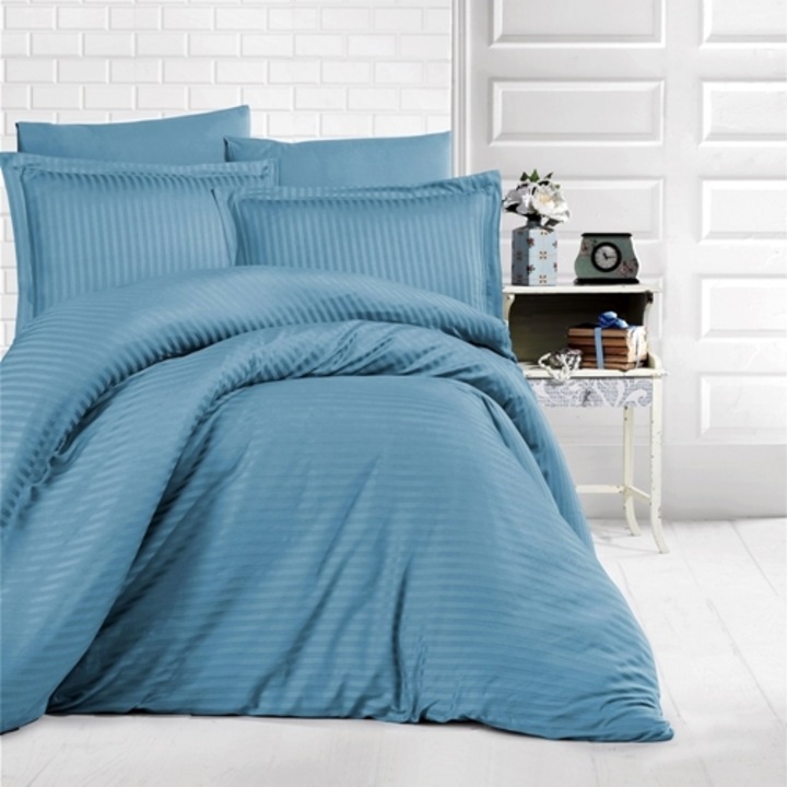 Lenjerie de pat Bumbac, Damasc, 4 piese, cearceaf cu elastic, 160x200cm, pentru pat dublu, turcoaz, Ralex Pucioasa, LDP-BBC-DAM-CRF-160x200-TURCOAZ