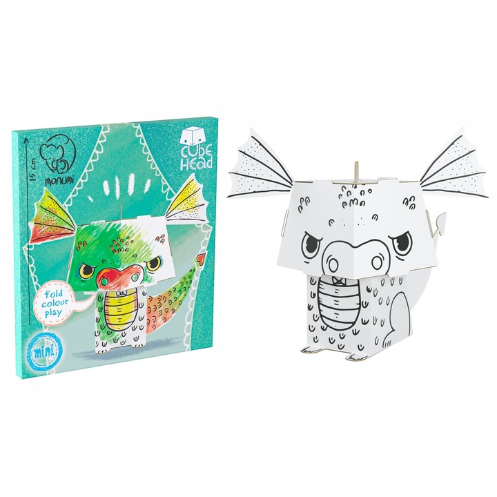 Книжка за оцветяване с кубична глава - Дракон, Monumi, картон, 16 x 15 x 1 cm, зелена