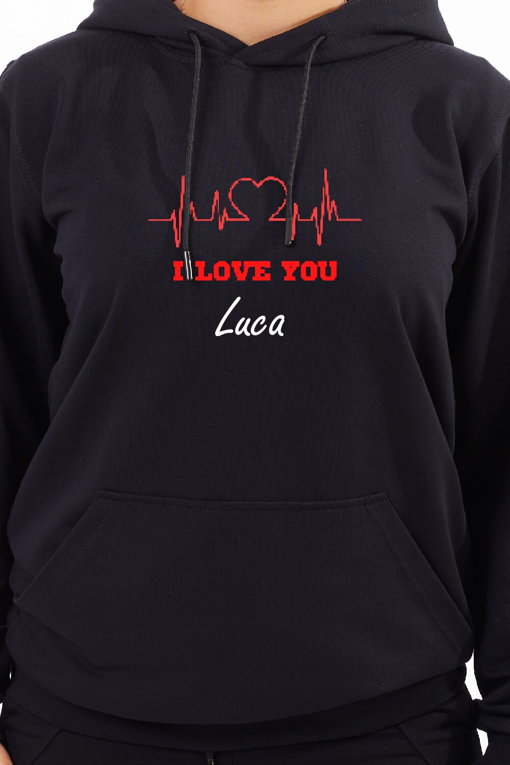 Hanorac dama cu gluga si snur personalizat cu imprimeu I Love you Luca ...