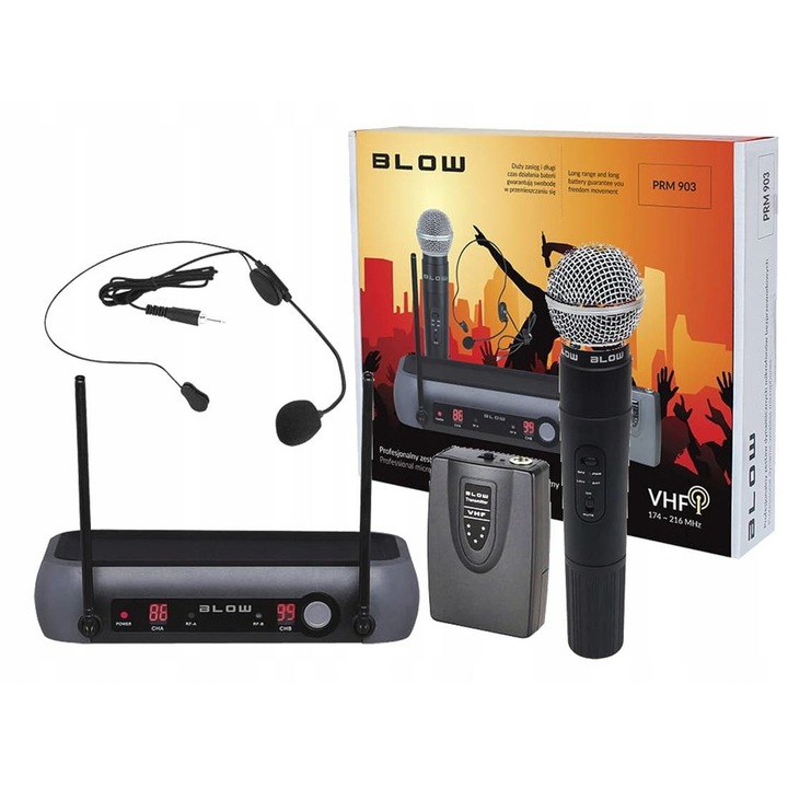 Професионална звукова система Blow PRM-903, 1 безжичен микрофон, 1 микрофон диадема, 50m