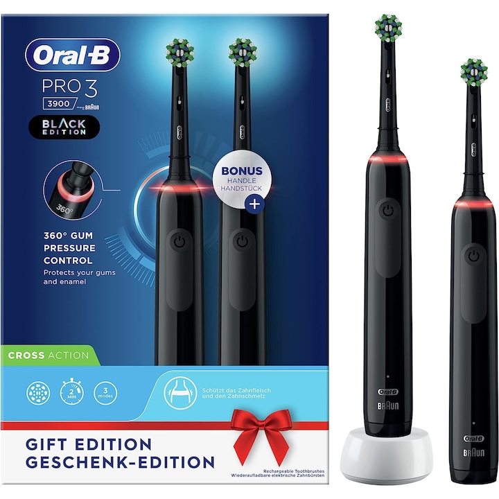 Oral-B Pro 3 3900 Cross Action elektromos fogkefe készlet, 3D tisztítás, 3 program, 1 töltő, fekete