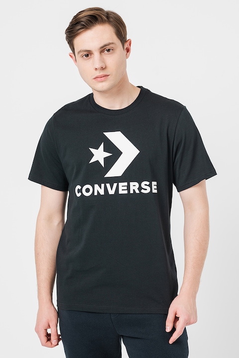 Converse, Унисекс тениска с лого, Бял/Избеляло черно