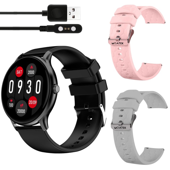 Ceas smartwatch MOATEK®, Always on display, monitorizare activitati fizice, ritm cardiac, pedometru, somn, negru, 3 bratari incluse in pachet