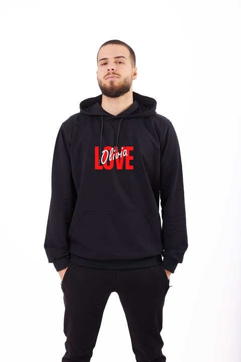 Hanorac pentru barbati cu gluga si snur cu imprimeu Love Olivia, bumbac, Negru, M