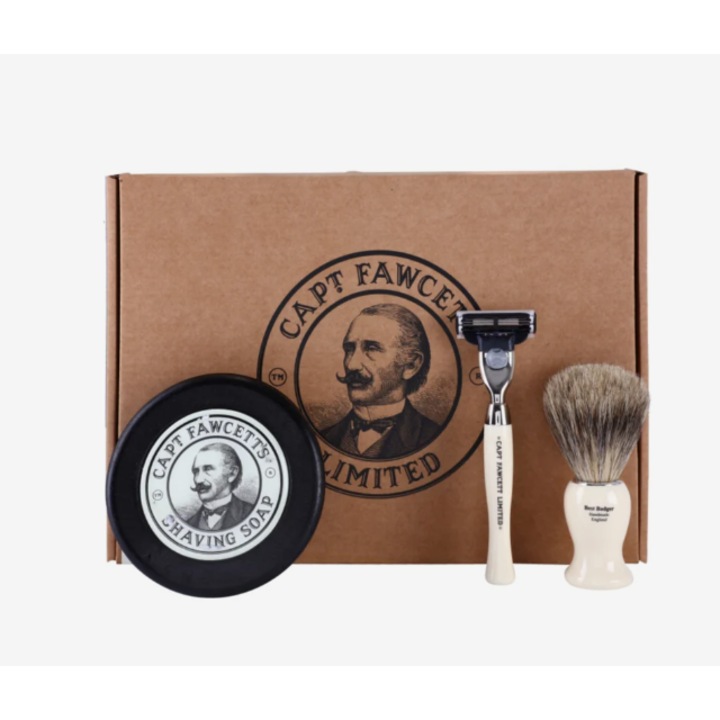 Set pentru ras pentru barbati Captain Fawcett Shaving sapun pentru barbierit 100 g, pamatuf pentru ras din par, aparat de ras