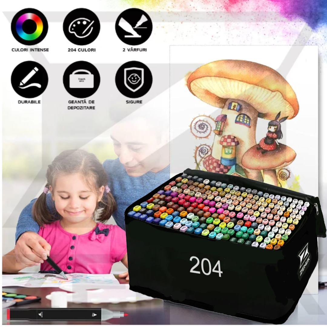 Set 204 Markere Zenuk - Geanta de Depozitare Inclusa, 2 Varfuri