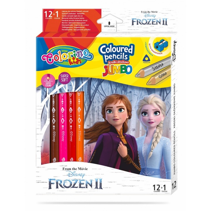 Set 12 creioane colorate si o ascutitoare, Colorino Kids, Frozen II, 13 culori