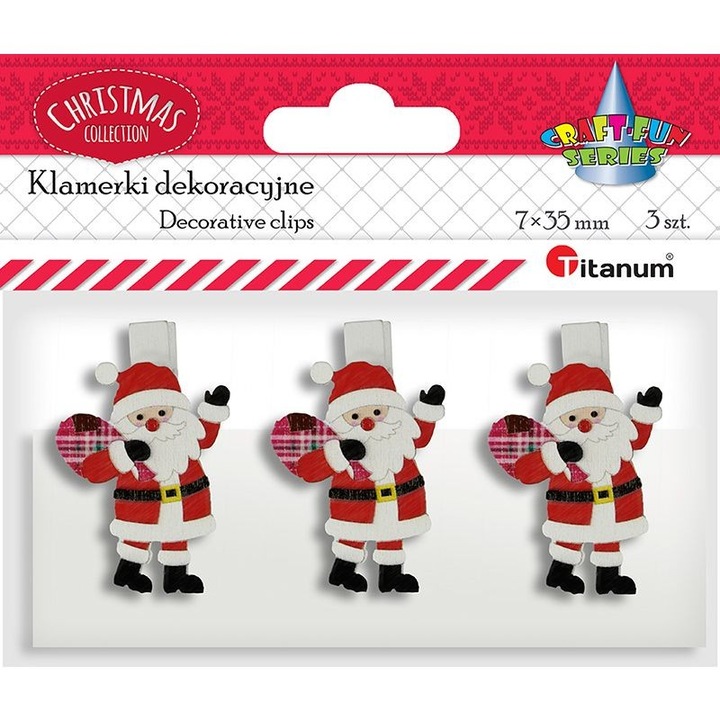 Комплект от 3 декоративни коледни щипки, титан, дърво, 3+, бяло/червено