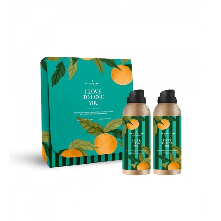 Set cadou The Gift Label, I Love To Love You, spuma de dus 50 ml si lotiune de corp 50 ml, note de iasomie si grapefruit, vegan, fara sulfati si coloranti