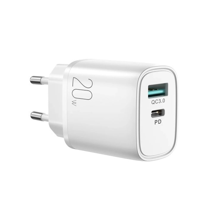 Joyroom hálózati töltő usb aljzat / type-c aljzat (5v / 3000 ma, 20w, pd gyorstöltés támogatás) fehér, L-QP2011_W, gyártói csomagolás