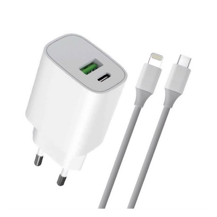 4-ok мрежово зарядно usb+тип-c контакт (20w, PD бързо зарядно устройство 3.0 + кабел за мълния) бяло, опаковка на производителя