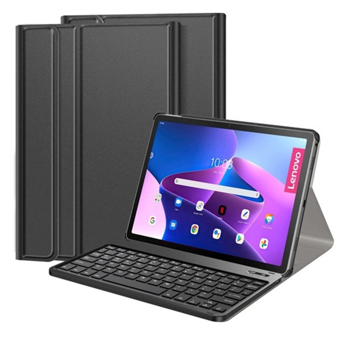 Tablet tok, kompatibilis, Lenovo Tab M10 Plus (TB125) WIFI / Tab M10 Plus (TB128) LTE Gigapack tok álló, bőr hatású (flip, bluetooth billentyűzet, asztali tartó, qwerty, angol nyelvű, ceruza tartó) fekete, gyártói csomagolás