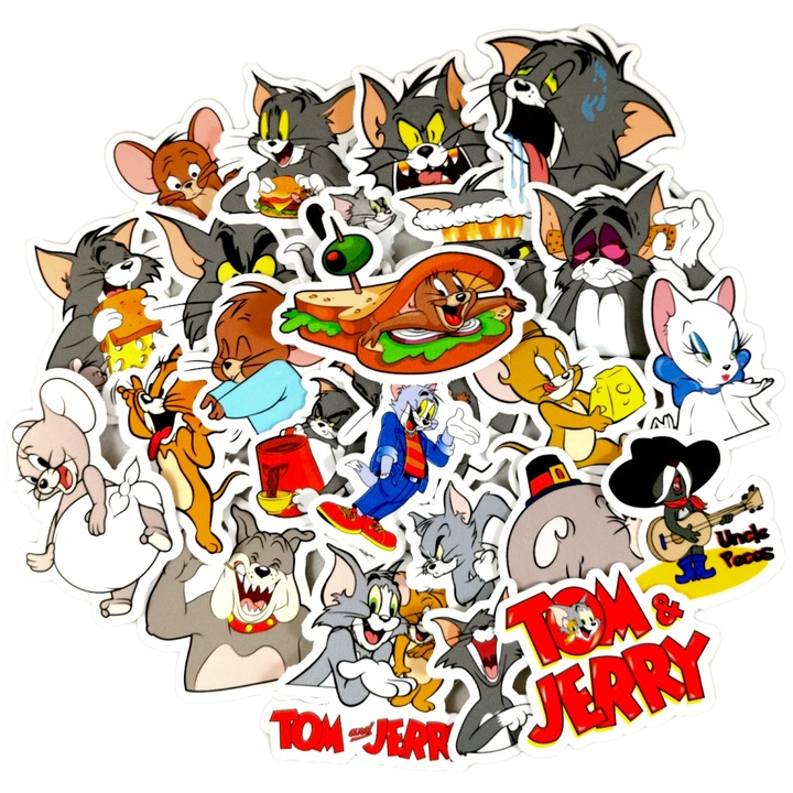 Set stickere autoadezive 30 bucati Waterproof Pvc, Tom & Jerry, 5 cm