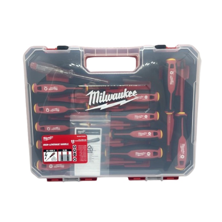 Комплект отвертки Milwaukee, VDE 1000V, SL/PH/PZ/T, Тестер за напрежение, 12бр.
