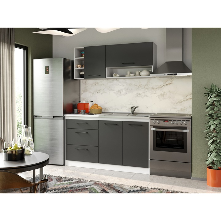 Set Mobila Bucatarie, Mina Grafit, Gri Antracit, C74, L 142 x A 60 x H 200 cm