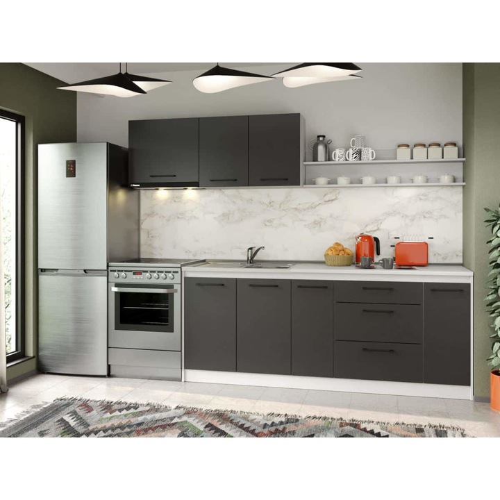 Set Mobila Bucatarie, Mina Grafit, Gri Antracit, c82, L 262 x A 60 x H 200 cm