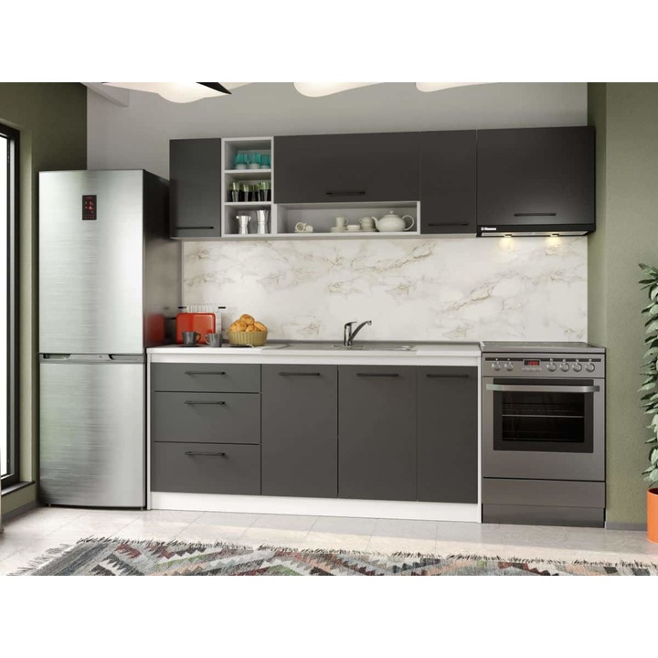 Set Mobila Bucatarie, Mina Grafit, Gri Antracit, C83, L 232 x A 60 x H 200 cm