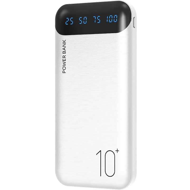 Външна батерия, Jonkuu, 10000 Mah, 2 USB порта за бързо зареждане, USB-C/Micro USB, цифров LED дисплей, бял