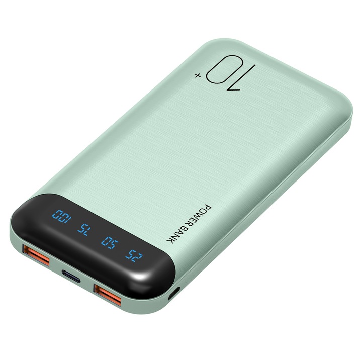 Baterie externa, Jonkuu, 10000Mah, 2 porturi USB Quick Charge, USB-C/Micro USB, Digital Display LED, Verde