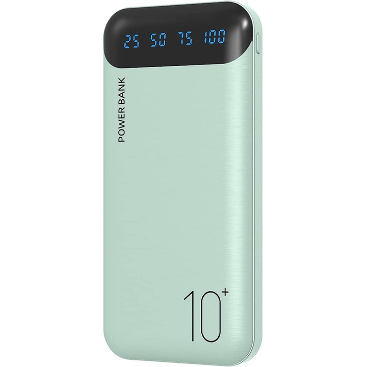 Външна батерия Jonkuu, 10000 mAh, 2 USB порта за бързо зареждане, USB-C/Micro USB, Цифров LED дисплей, Зелен