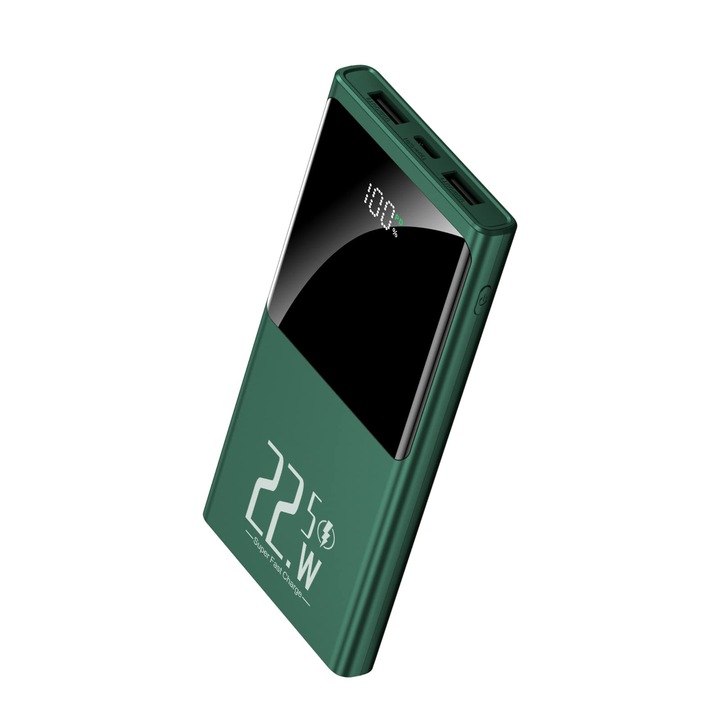 Acumulator extern, Jonkuu, 10000mAh, Quick Charge 3.0 + PD 22.5W, 2 x USB/USB-C, Display digital, Verde