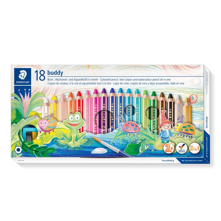 Set 18 creioane cerate Buddy, Staedtler, Lemn/Ceara, 13 mm x 12 cm, Multicolor