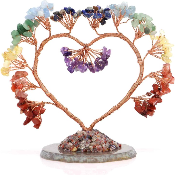 Copac pietre semipretioase 7 chakra in forma de inima – Decor cristal feng shui, accesorii premium pentru birou