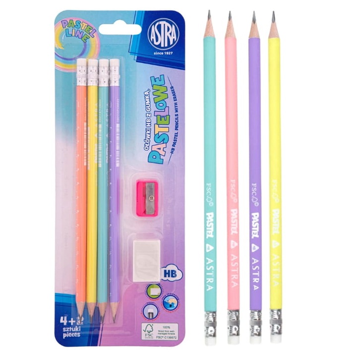 Set 4 creioane grafit + radiera + ascutitoare, Astra, Lemn, Multicolor