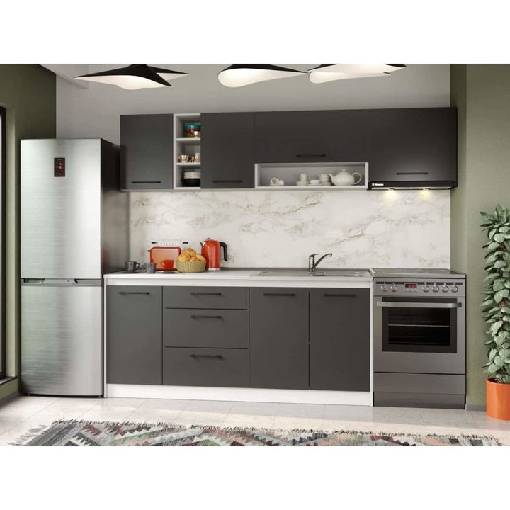 Set Mobila Bucatarie, Mina Grafit, Gri Antracit, C73, L 242 x A 60 x H 200 cm