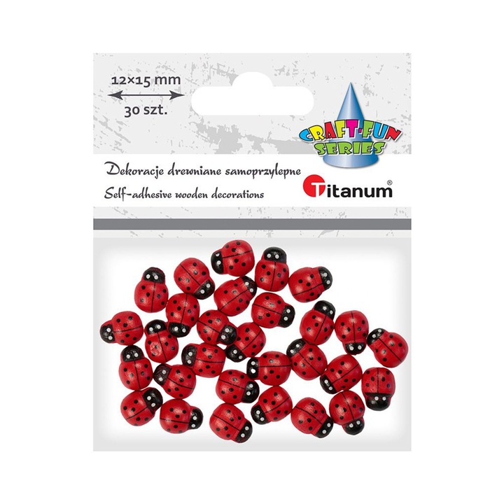 30 db öntapadós katica készlet Craft-Fun, titán, fa, 12 x 15 mm, piros