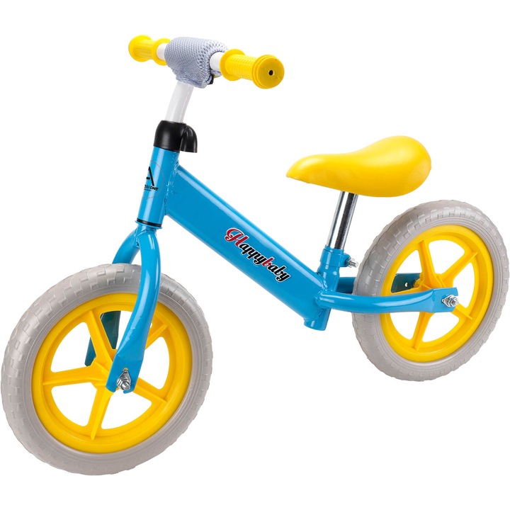 Bicicleta fara pedale pentru copii 2-5 ani Action One Happy Baby, roata 12 inch, bleu/ galben