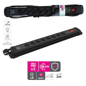 Prelungitor Profesional Premium, 8 Prize, 2 Porturi USB Fast Charge, Protectie Supratensiune si Copii, Cablu Lung 3m, Comutator On/Off, Ignifug, Negru
