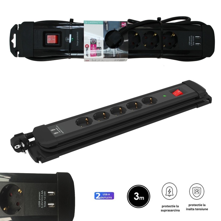 Prelungitor Profesional Premium, 5 Prize, 2 Porturi USB Fast Charge, Protectie Supratensiune si Copii, Cablu Lung 3m, Comutator On/Off, Ignifug, Negru