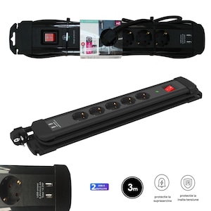 Prelungitor Profesional Premium, 5 Prize, 2 Porturi USB Fast Charge, Protectie Supratensiune si Copii, Cablu Lung 3m, Comutator On/Off, Ignifug, Negru