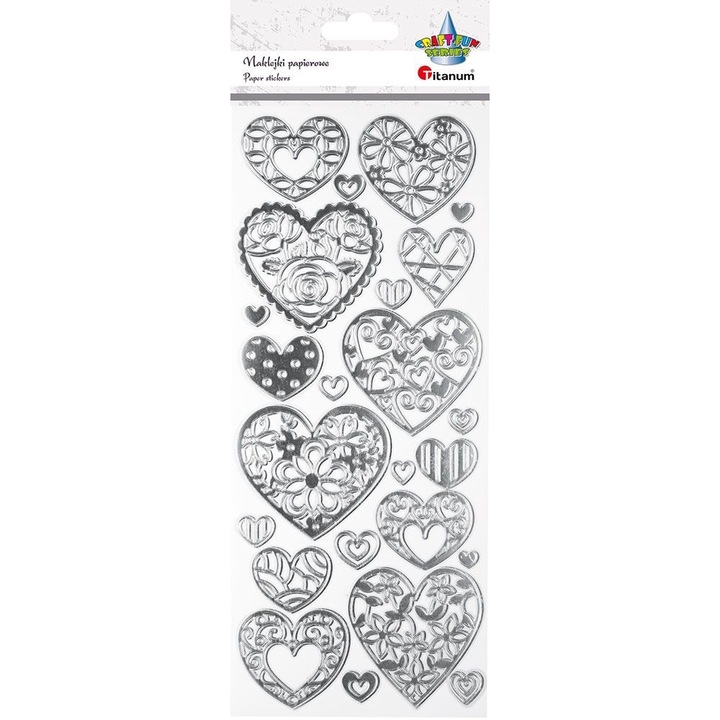 24 db-os matrica készlet, Titán, Papír, Szívmintás, 24 x 10 cm, Ezüst