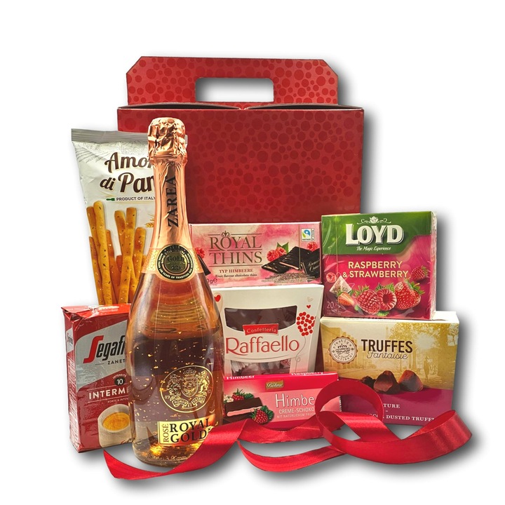 Pachet cadou elegant, CADOURI PREMIUM, model Spring Sensations cu spumant Royal Gold roze infuzat cu aur 23K, cafea Segafredo si multe surprize sofisticate, creat pentru a aduce emotie si bucurie inca din prima clipade neuitat
