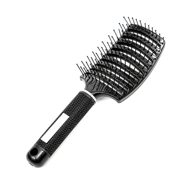 Perie de par, NOUSEG, Curbata, Cauciuc/Nylon, Negru