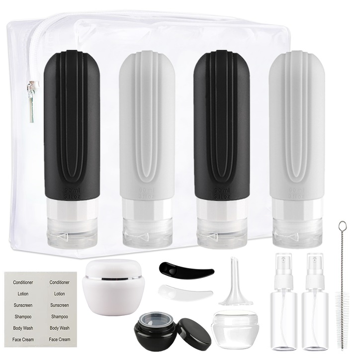 Set 15 recipiente pentru calatorie, NOUSEG, Silicon, Negru/Gri