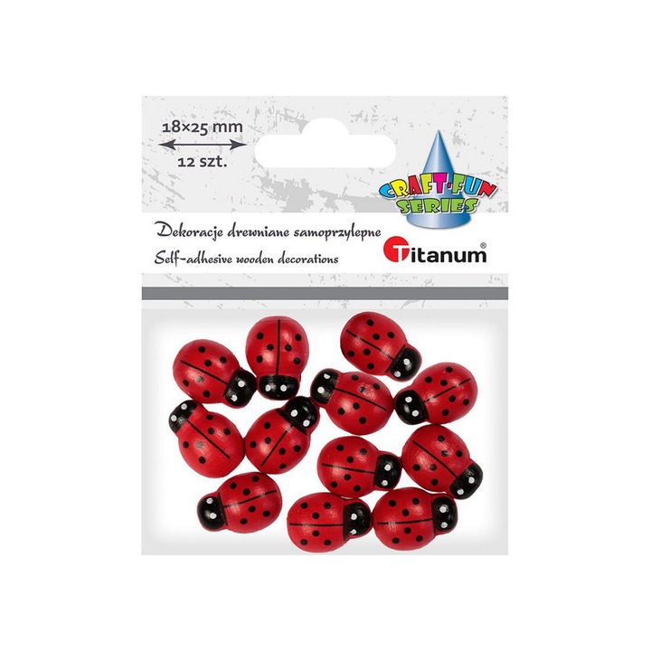 12 db öntapadós 3D katica készlet Craft-Fun, titán, fa, 18 x 25 mm, piros