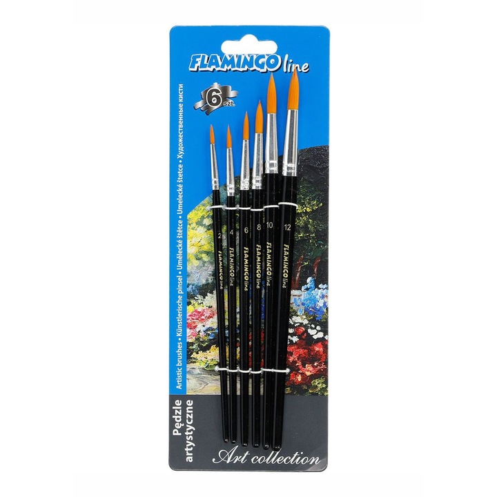 Pensule artistice cu peri sintetici, Titanum, 6 buc Flamingo Line, Negru