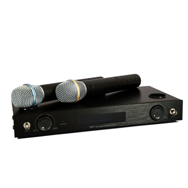 Sistem wireless cu 2 microfoane UHF cu autoincarcare