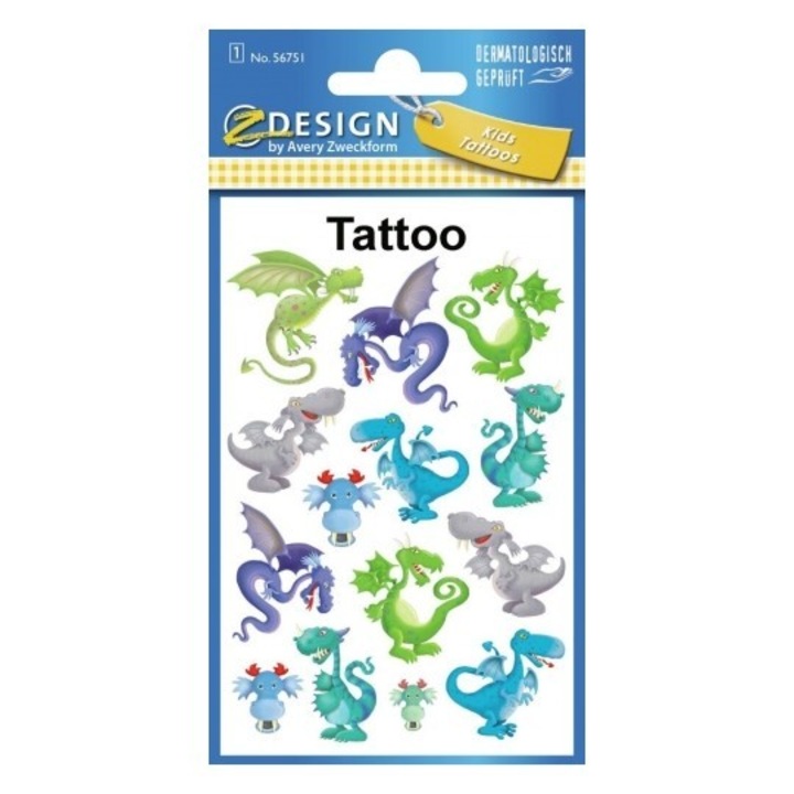 Mosható tetoválás gyerekeknek, Avery Zweckform, Dragons, Multicolor